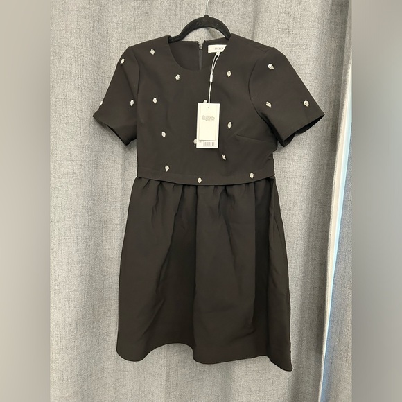 $298 LIKELY Marcia Dress Black Satin Embellished Short Sleeve Sz 2 - Picture 5 of 9